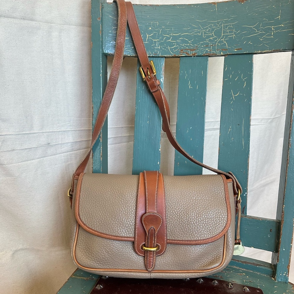 Vintage Dooney & Bourke 1980s Cavalry Crossbody - Taupe & Tan AWL